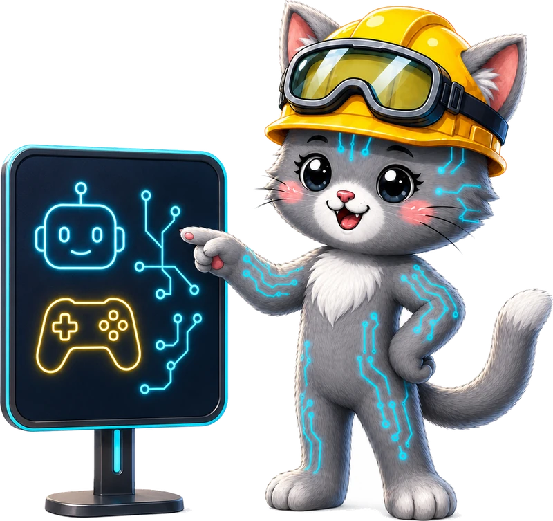 Pixel señalando una pantalla con un robot y un control de videojuego